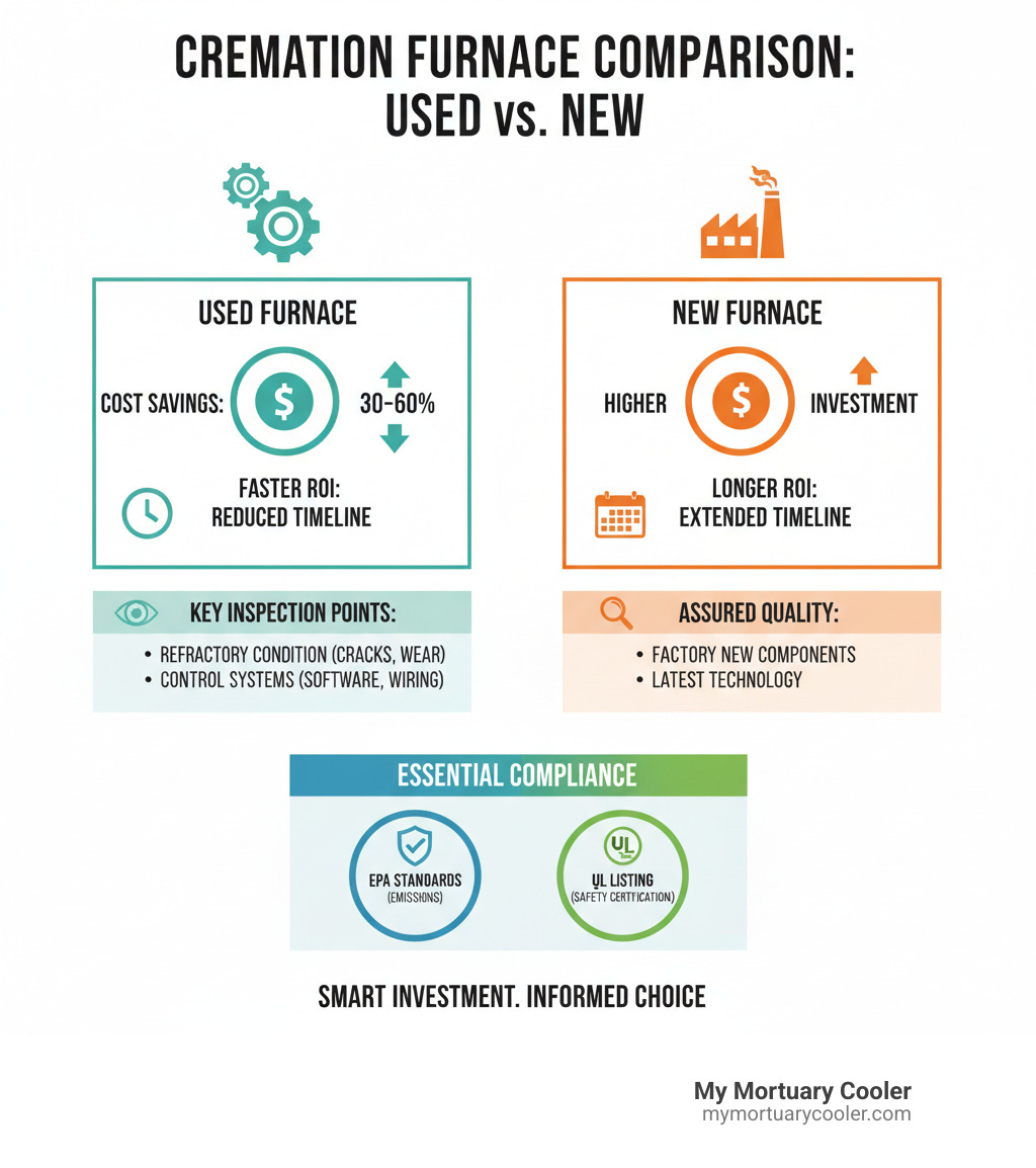 Comprehensive comparison infographic showing used versus new cremation furnace benefits, including cost savings of 30-60%, faster ROI timeline, key inspection points for refractory condition and control systems, and essential compliance requirements for EPA standards and UL listing - used cremation furnace for sale infographic 
