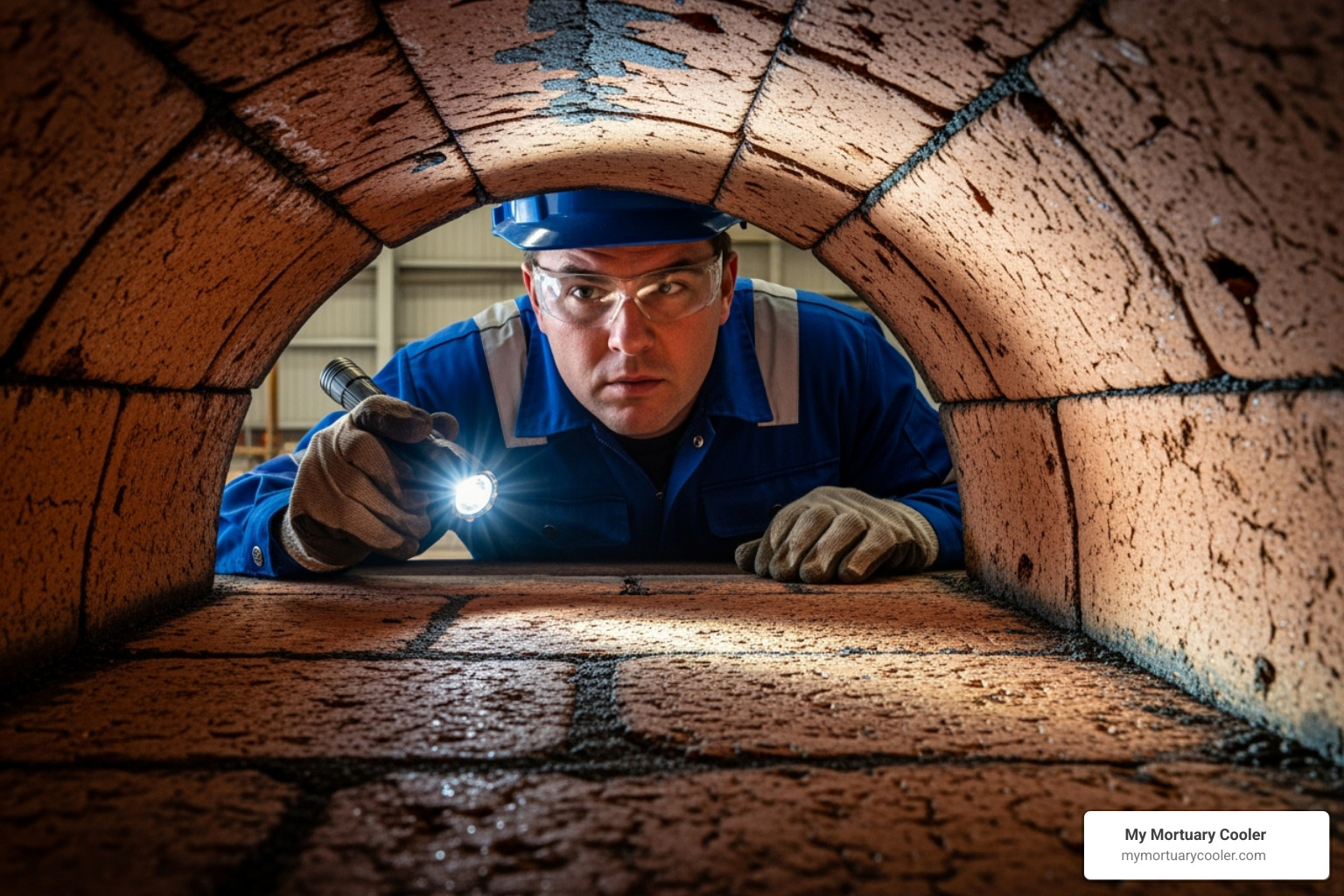 Technician carefully inspecting the refractory lining of a cremation furnace during a maintenance check. - used cremation furnace for sale