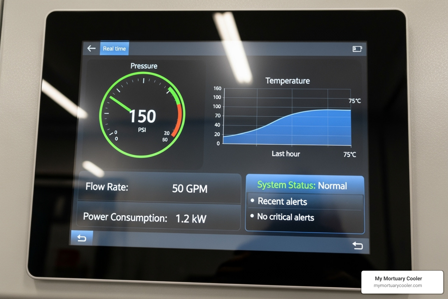 Modern digital control panel of a cremation unit displaying operational parameters and diagnostics. - used cremation furnace for sale