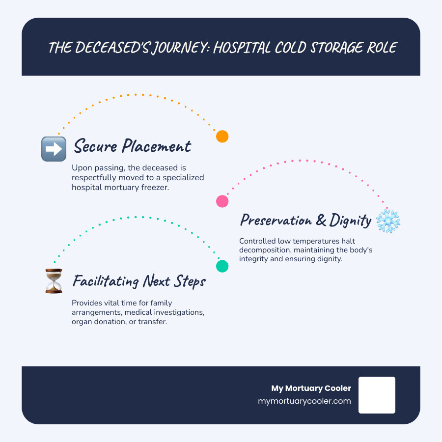 Infographic explaining the journey of the deceased within a hospital, highlighting the freezer's role - hospital mortuary freezer infographic infographic-line-3-steps-blues-accent_colors