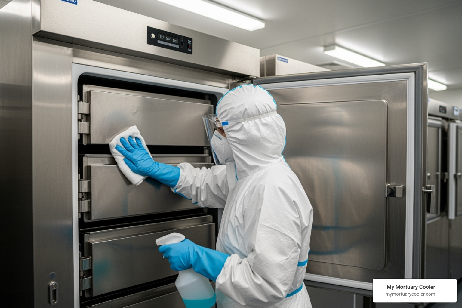 Staff member in PPE cleaning a mortuary freezer - hospital mortuary freezer