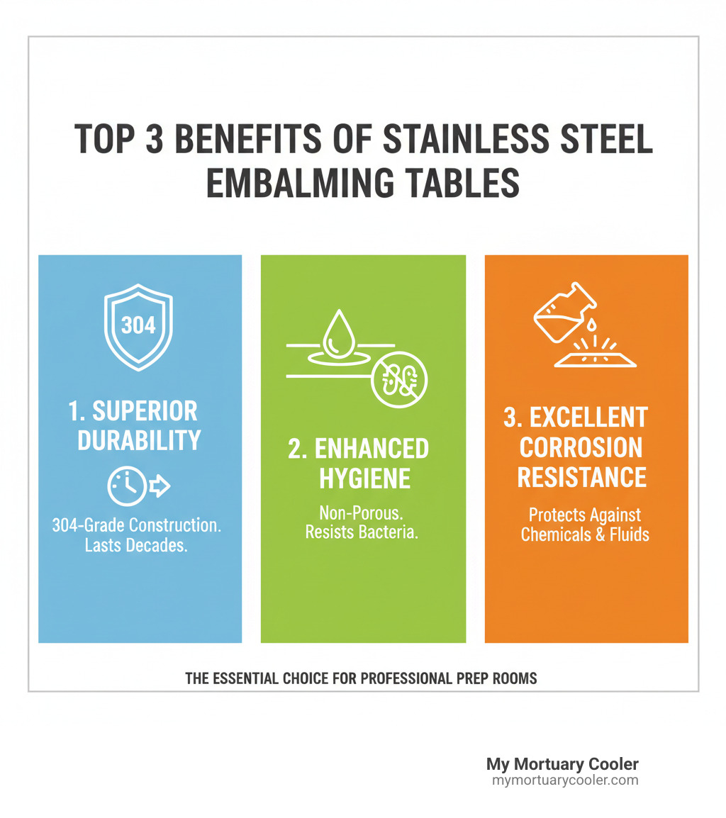 Infographic showing the top 3 benefits of stainless steel embalming tables: superior durability with 304-grade construction lasting decades, improved hygiene through non-porous surfaces that resist bacteria, and excellent corrosion resistance protecting against chemicals and fluids used in embalming procedures - stainless steel embalming table infographic 