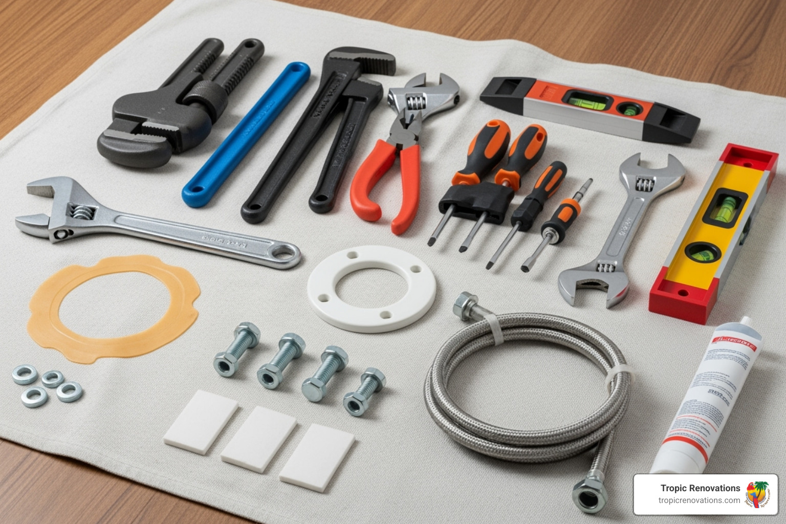 All necessary tools and materials neatly laid out on a drop cloth - Install new toilet? All necessary tools and materials neatly laid out on a drop cloth - Install new toilet?