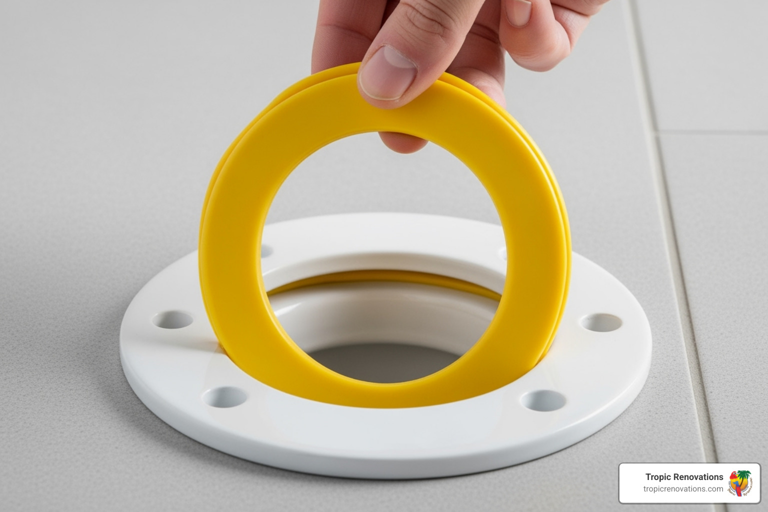 New wax ring being placed over the toilet flange - Install new toilet? New wax ring being placed over the toilet flange - Install new toilet?