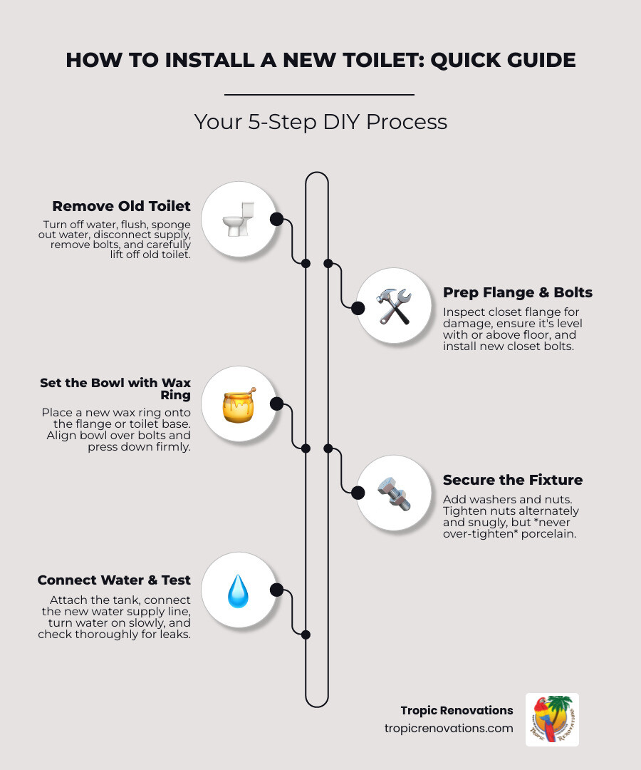 Detailed infographic showing the main components of toilet installation including bowl, tank, closet flange, wax ring, fill valve, flush valve, closet bolts, and water supply line with labels and installation flow - Install new toilet? infographic infographic-line-5-steps-neat_beige Detailed infographic showing the main components of toilet installation including bowl, tank, closet flange, wax ring, fill valve, flush valve, closet bolts, and water supply line with labels and installation flow - Install new toilet? infographic infographic-line-5-steps-neat_beige