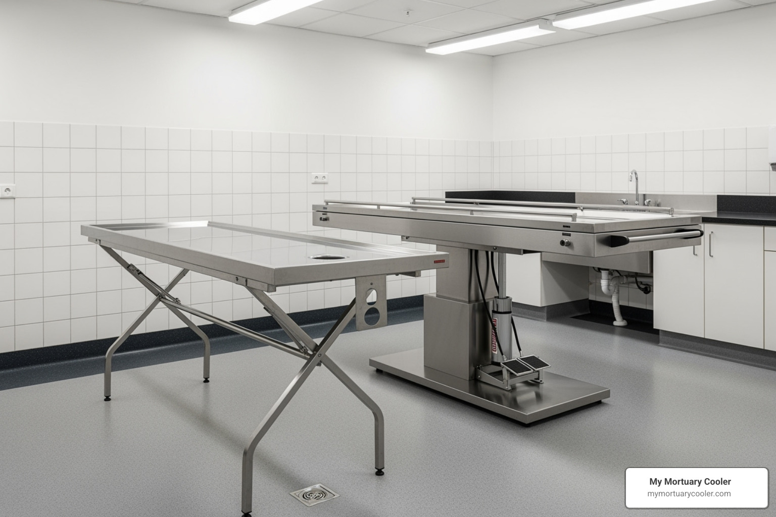 folding table next to a hydraulic table - stainless steel embalming table
