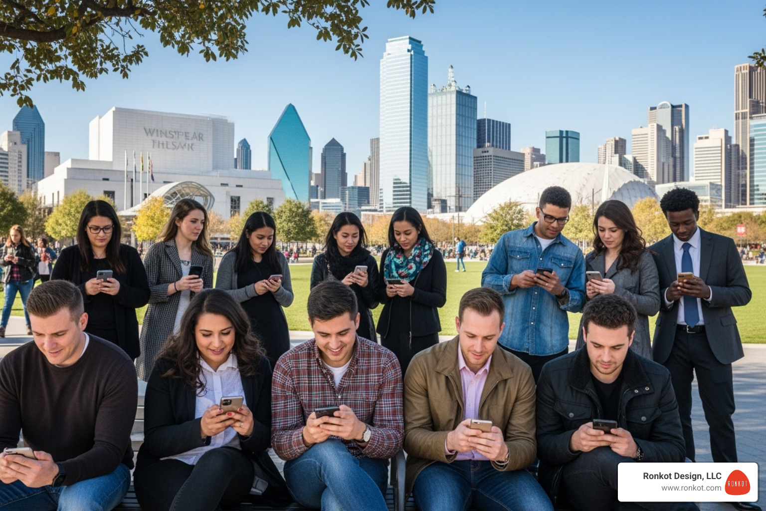 Diverse group of people in a Dallas setting using social media on their phones - social media marketing dallas Diverse group of people in a Dallas setting using social media on their phones - social media marketing dallas