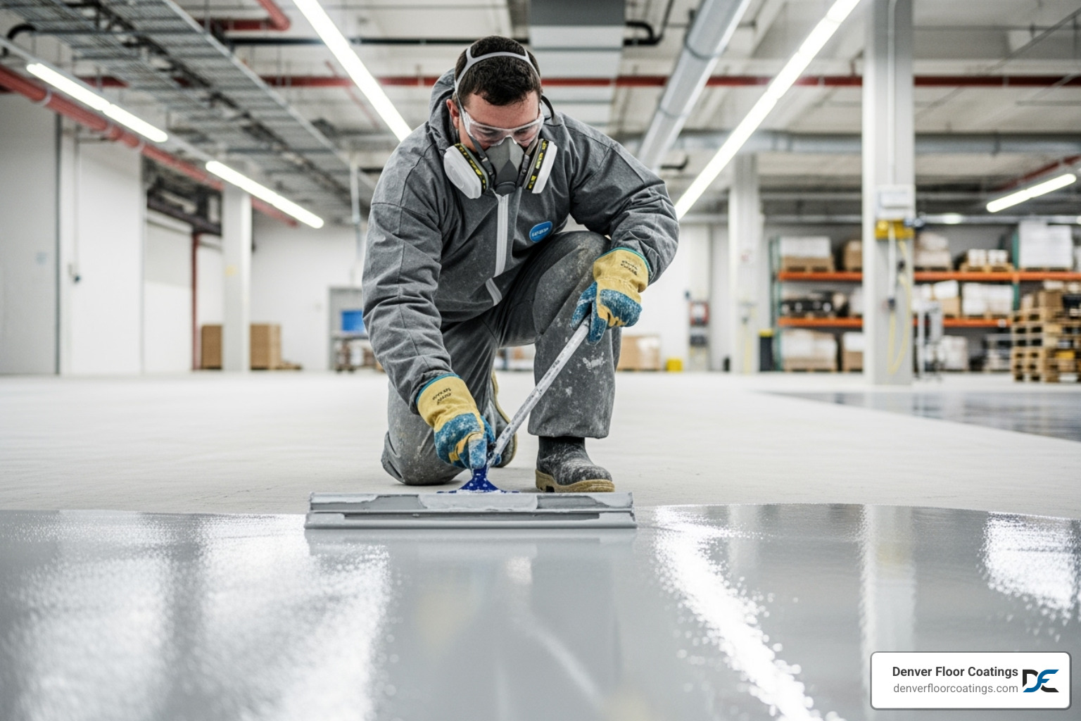 technician wearing proper PPE while applying an epoxy coating - epoxy materials technician wearing proper PPE while applying an epoxy coating - epoxy materials