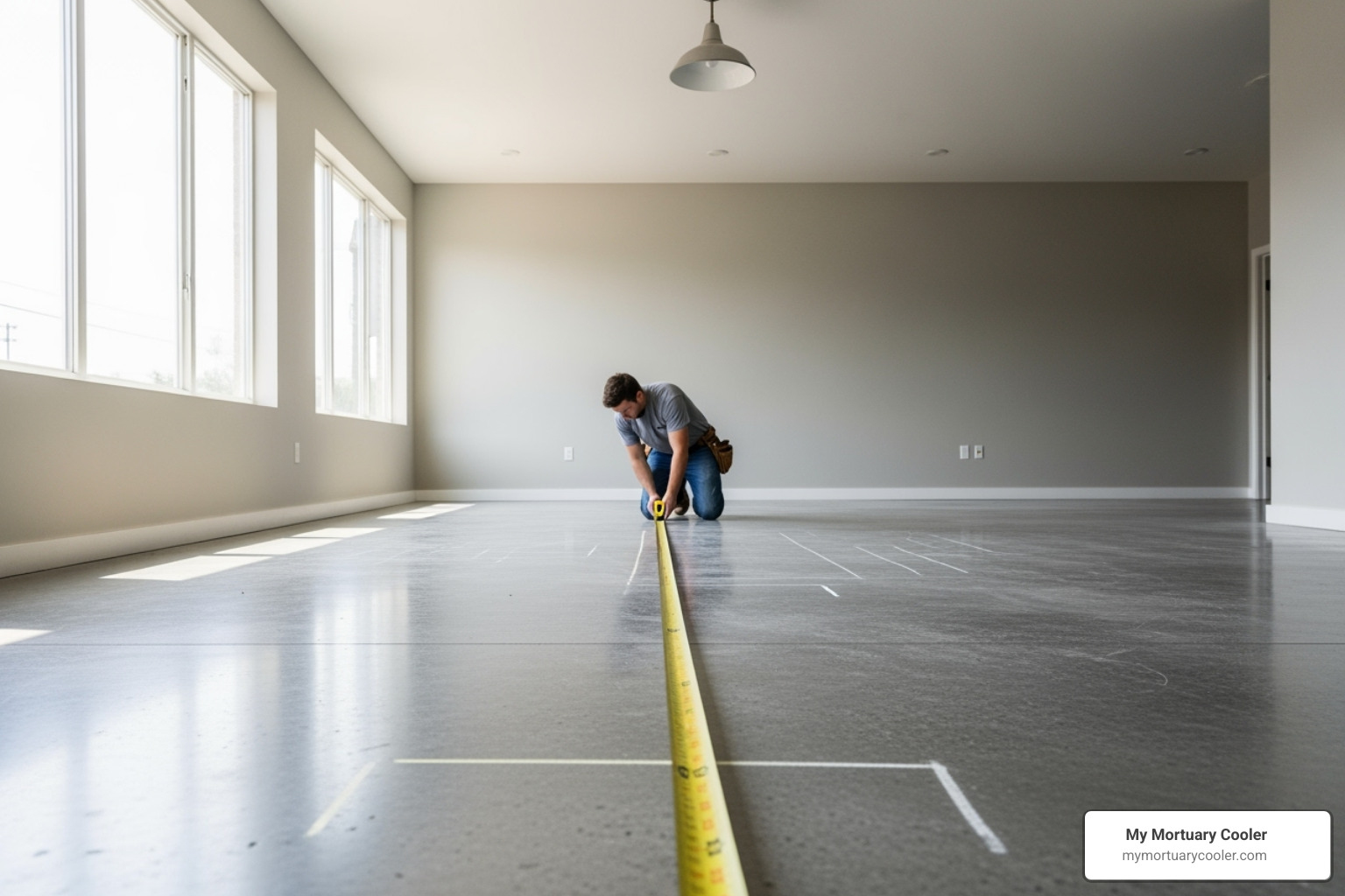 person measuring floor space for a new cooler installation - mortuary cooler for sale