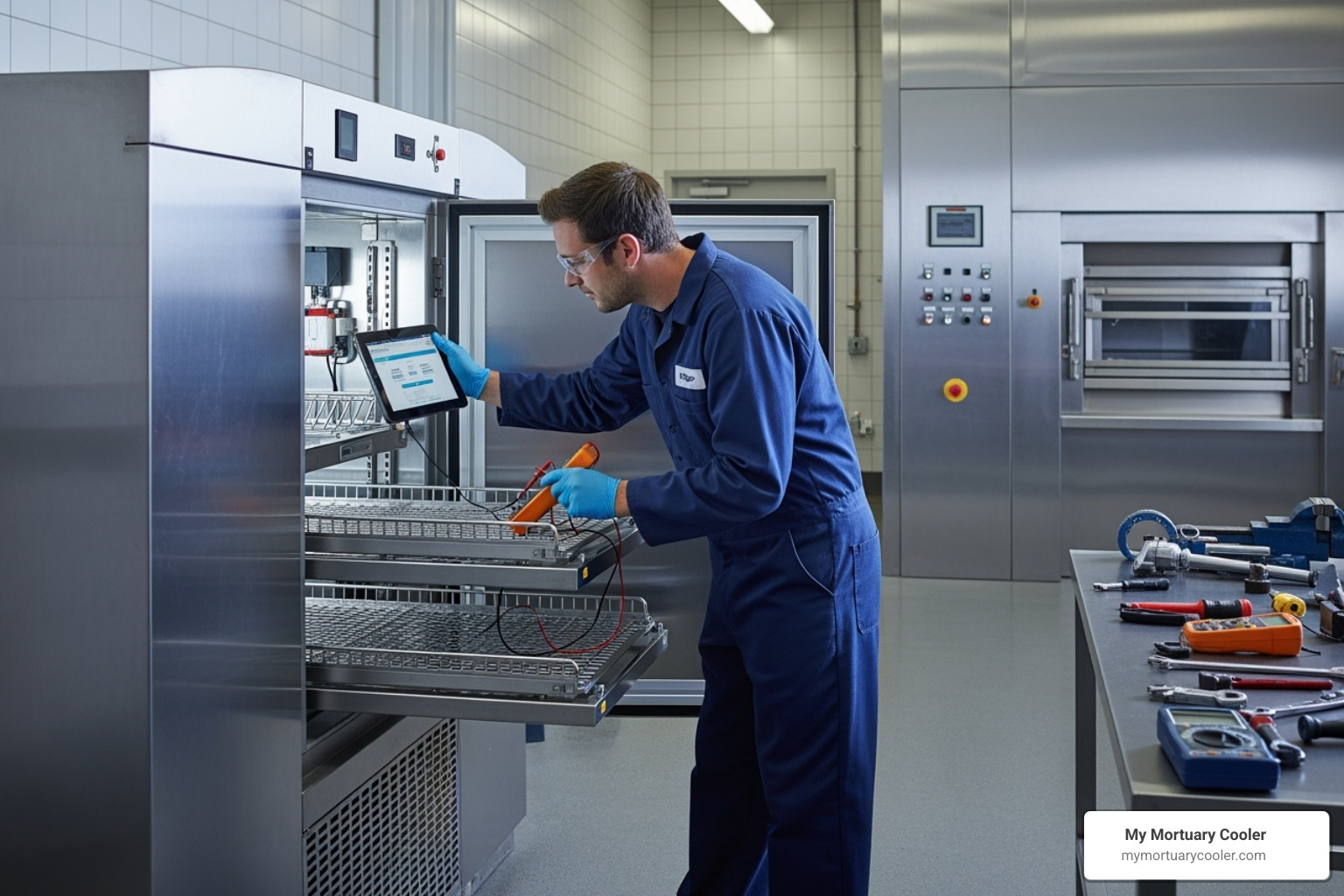 technician servicing a piece of mortuary equipment - funeral supply stores