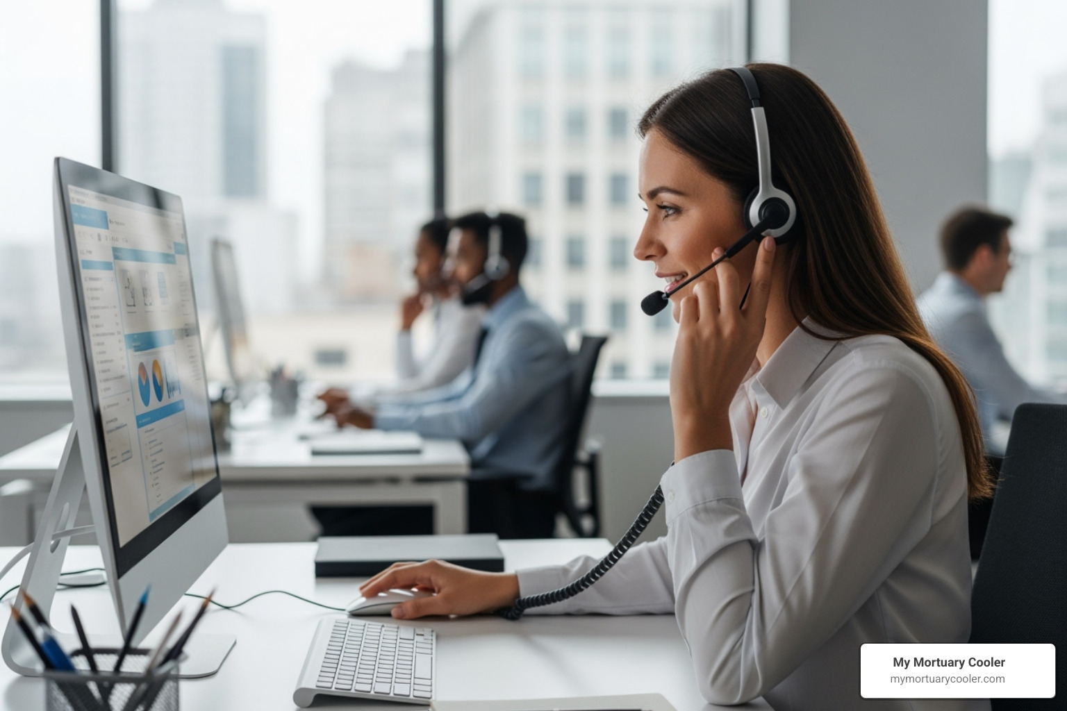 customer service representative assisting a client on the phone - funeral supply stores