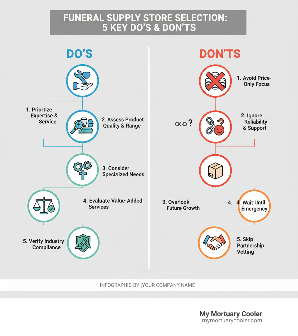 Comprehensive infographic showing the 5 key do's and don'ts when selecting funeral supply stores, including prioritizing expertise and service, assessing product quality and range, considering specialized needs, avoiding price-only focus, and evaluating value-added services, with icons representing mortuary equipment, customer service, and industry compliance - funeral supply stores infographic 