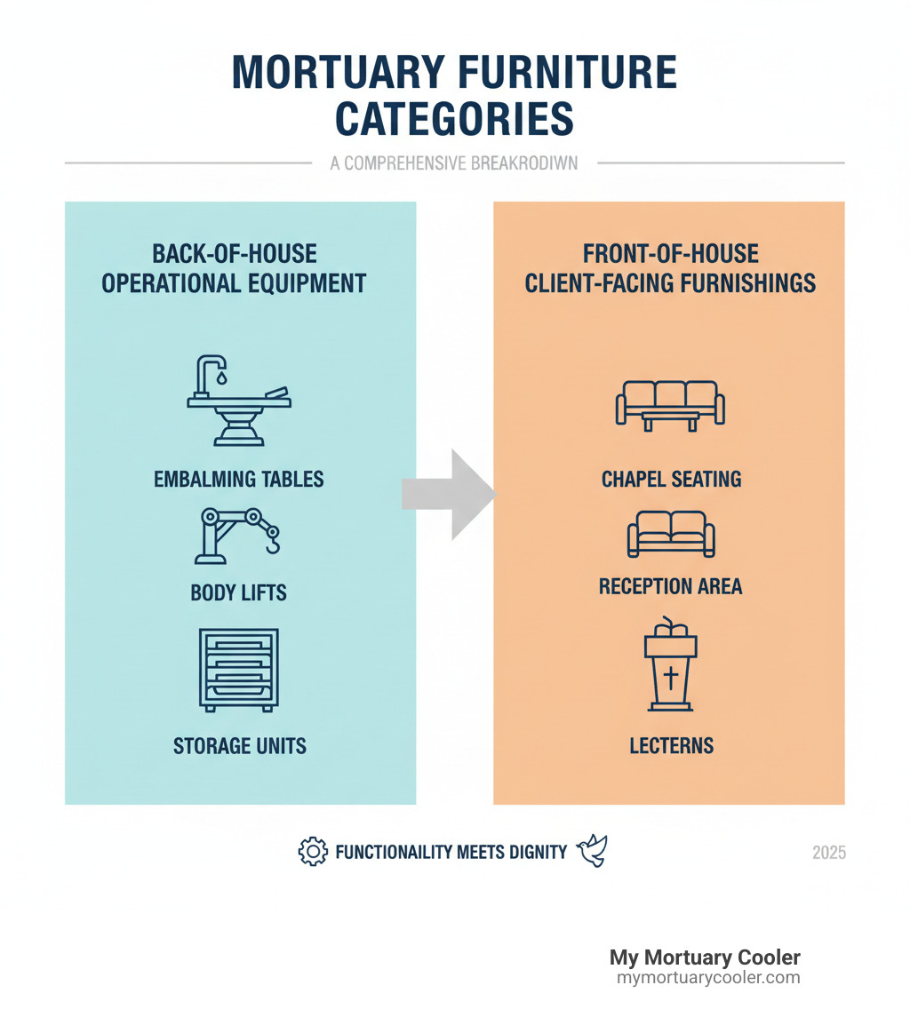 Comprehensive breakdown of mortuary furniture categories showing back-of-house operational equipment like embalming tables and body lifts versus front-of-house client-facing furniture including chapel seating and reception area furnishings - mortuary furniture infographic 