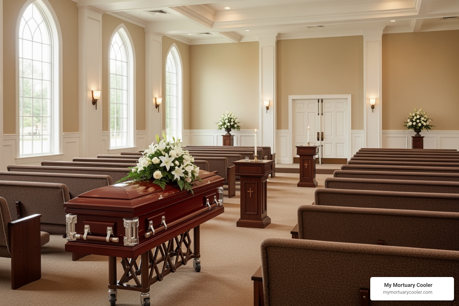 A serene funeral home chapel with comfortable seating and a casket bier - mortuary furniture