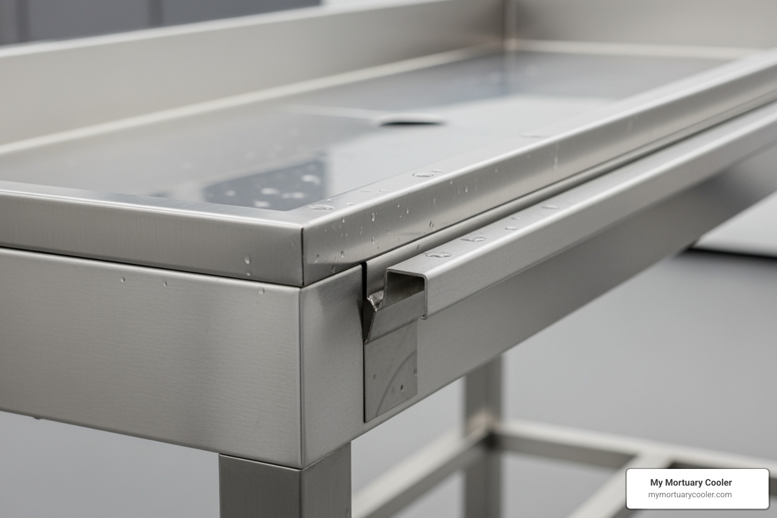 A close-up on the durable stainless steel construction of an embalming table - mortuary furniture