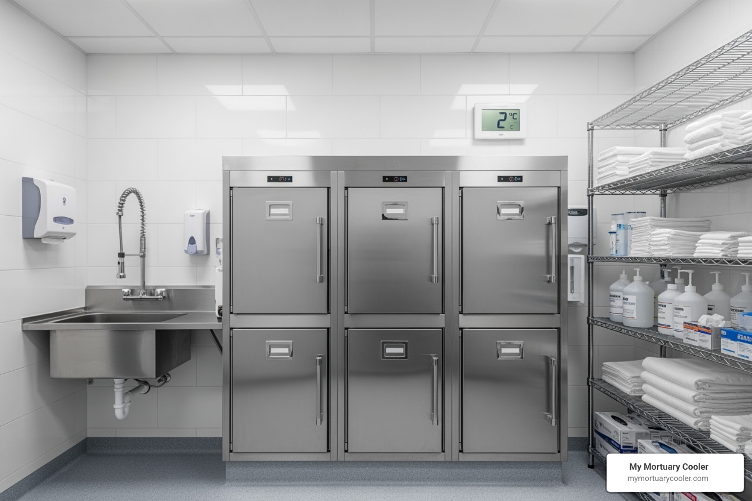 Mortuary cooler in a well-equipped funeral home storage area - mortuary furniture