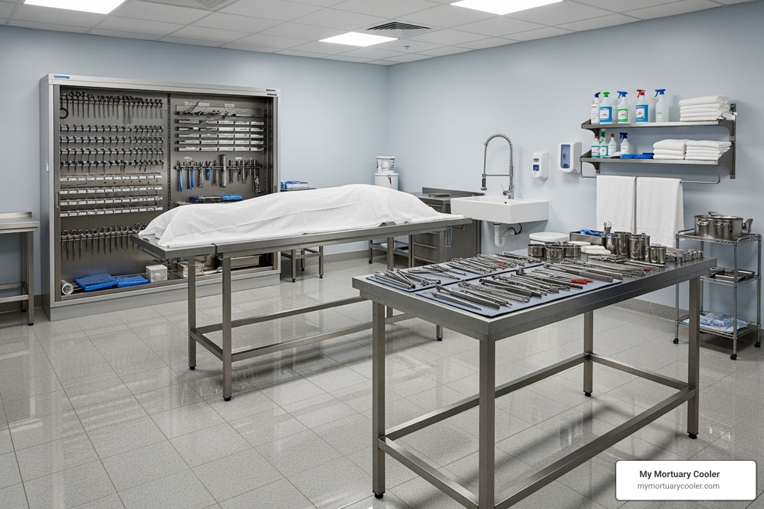 A clean and organized mortuary preparation room - mortuary furniture