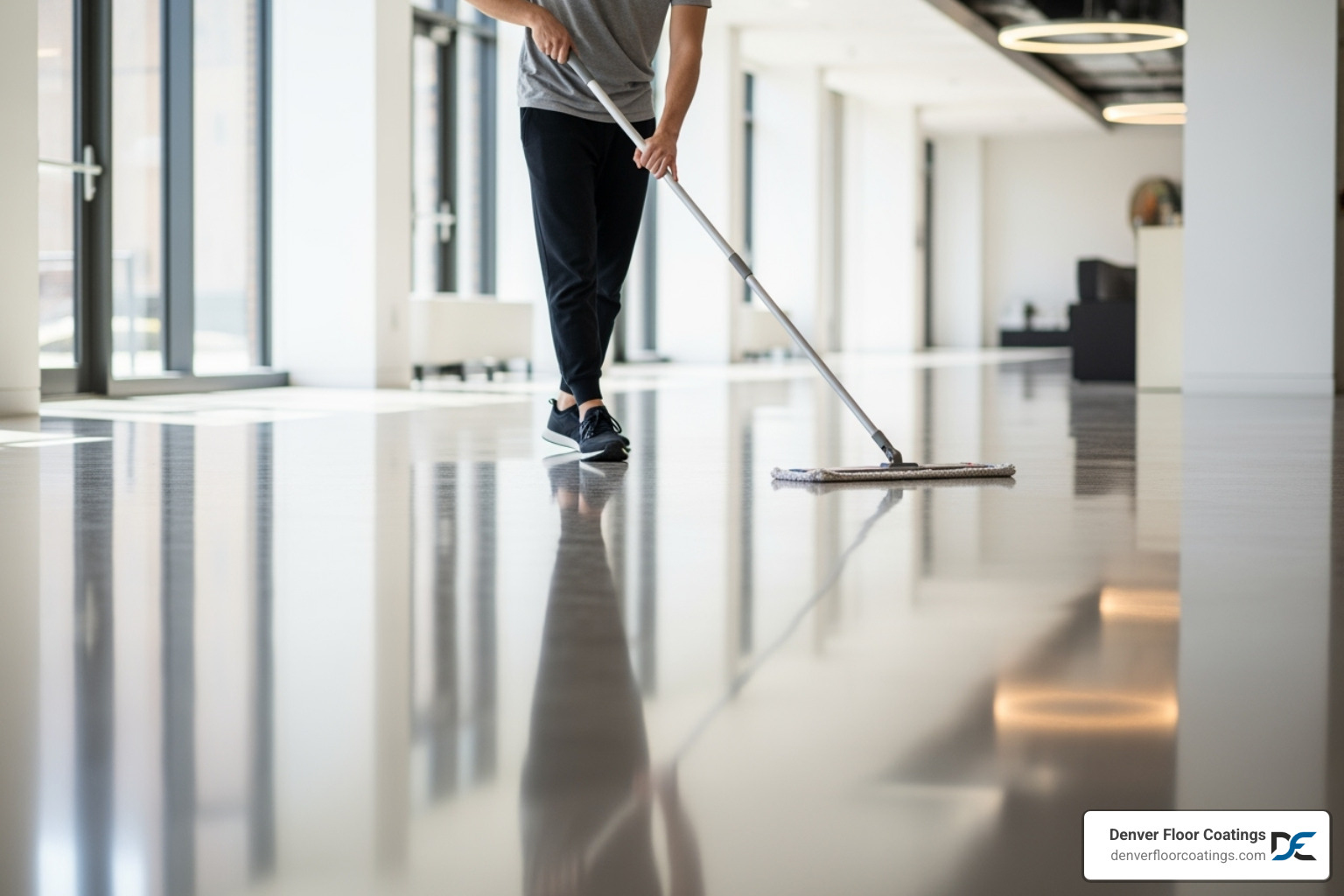 a person easily mopping a clean, glossy coated floor - stained concrete denver