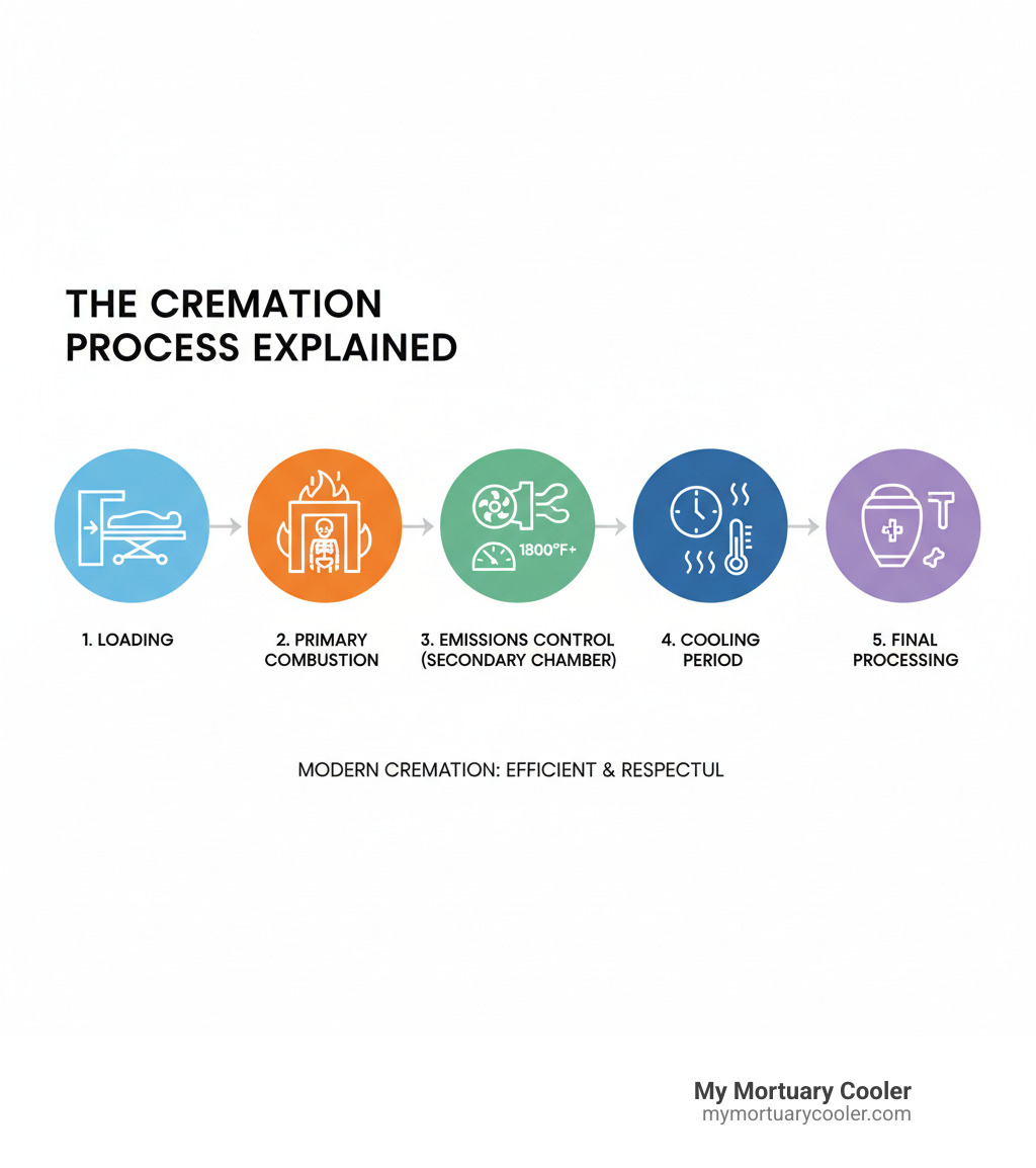 Infographic showing the cremation process from loading the deceased into the primary chamber, through the combustion process at high temperatures, secondary combustion for emissions control, cooling period, and final processing of cremated remains - Cremation furnace for sale infographic 