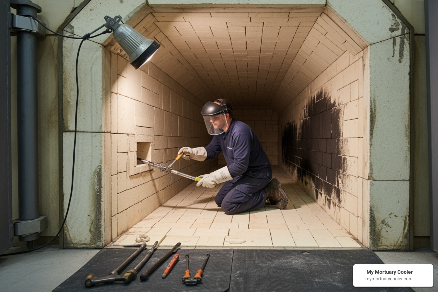 A technician performing routine maintenance on the interior of a cremation furnace - Cremation furnace for sale