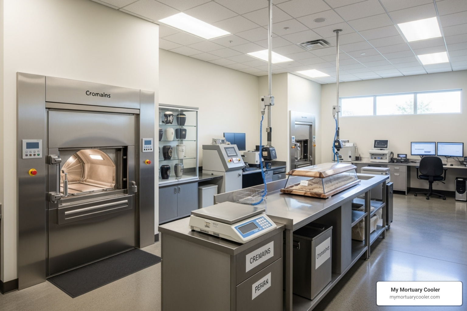 A clean and professional crematory setup, showing a modern cremation furnace, a processing station, and various ancillary equipment - Cremation furnace for sale