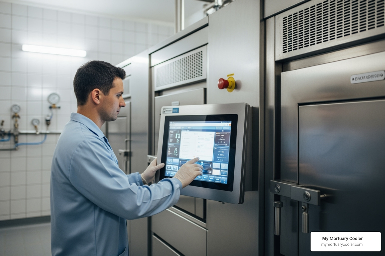A technician operating a modern cremation furnace with a digital touchscreen control panel - Cremation furnace for sale