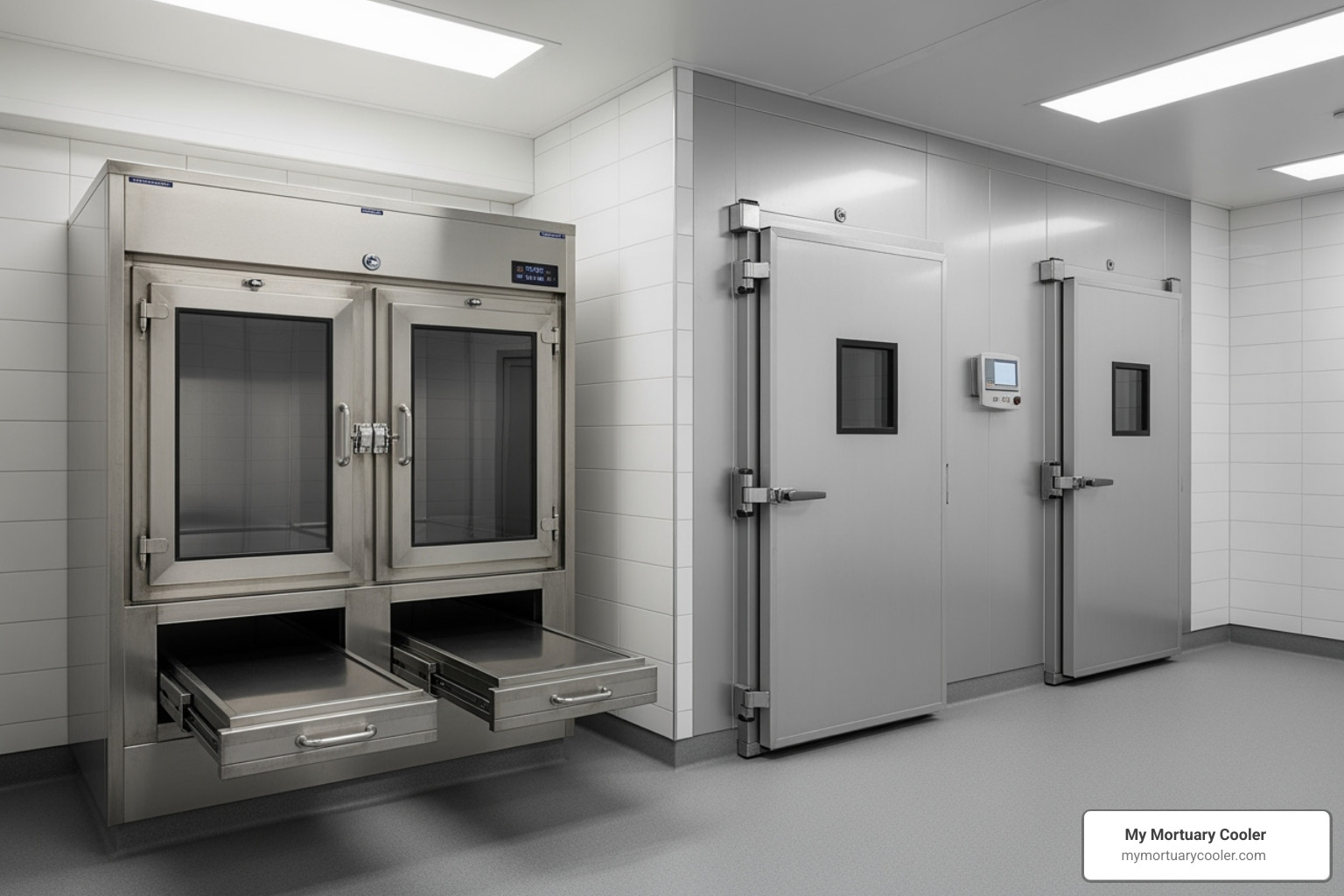 different types of mortuary coolers, such as a 2-body cooler next to a walk-in unit - funeral home body storage