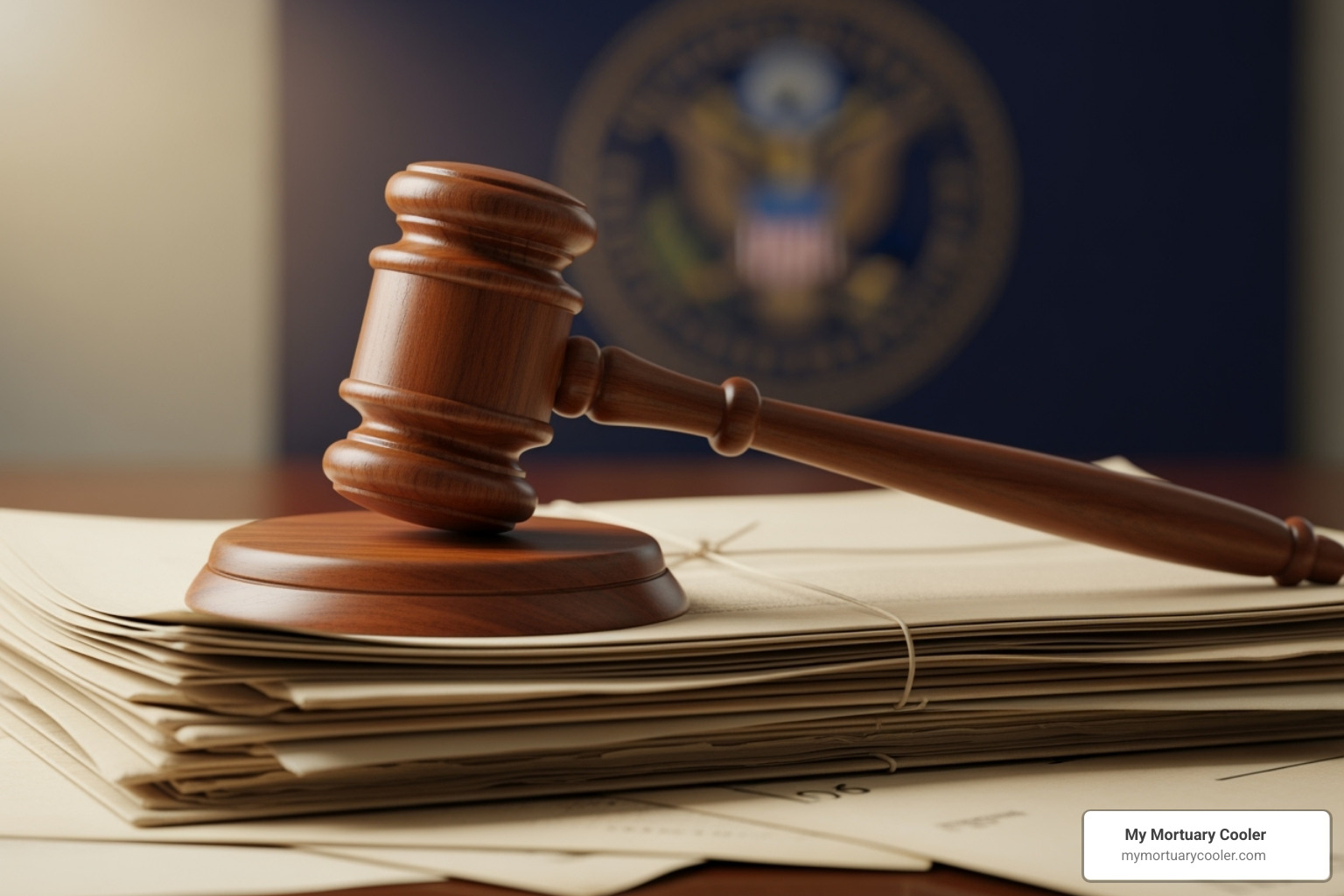 a state regulation document or a gavel - funeral home body storage