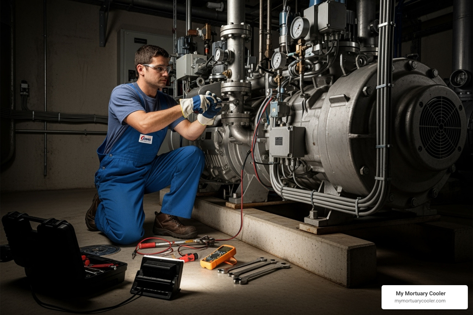 a technician performing maintenance on a cooler compressor - funeral home body storage