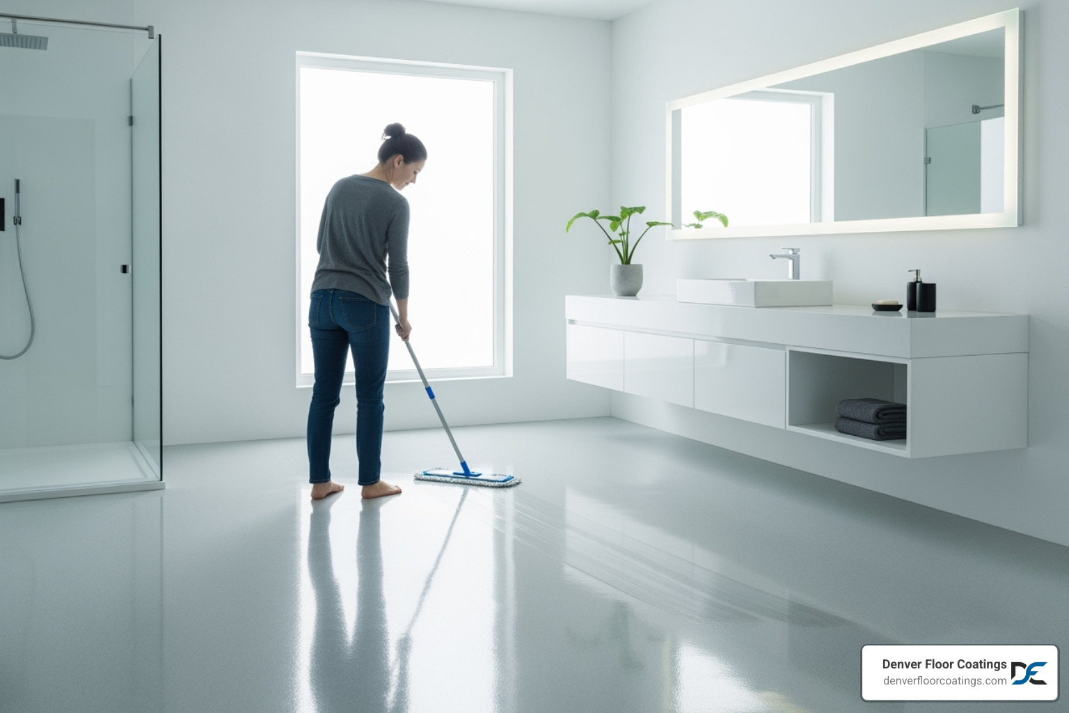 someone easily mopping a seamless epoxy floor - epoxy bathroom floors someone easily mopping a seamless epoxy floor - epoxy bathroom floors