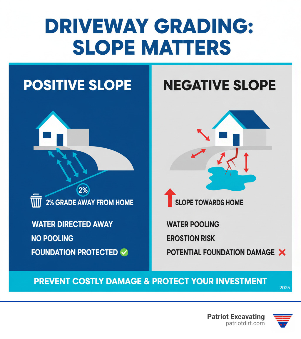 Infographic showing proper driveway grading with positive slope directing water away from home foundation versus negative slope causing water pooling and potential foundation damage - driveway grading services near me infographic Infographic showing proper driveway grading with positive slope directing water away from home foundation versus negative slope causing water pooling and potential foundation damage - driveway grading services near me infographic