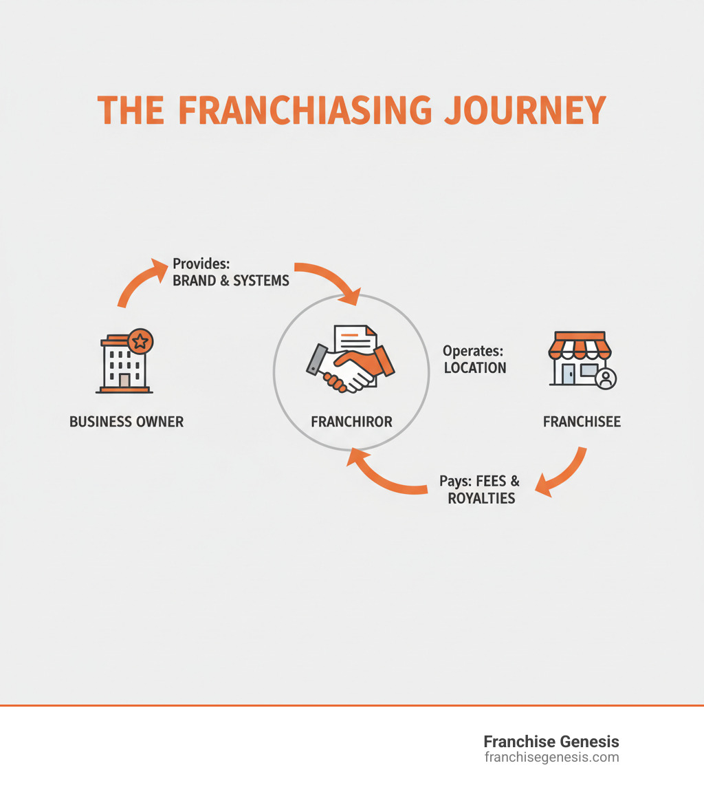 Infographic showing the franchising process: business owner provides brand and systems to franchisee who operates location and pays fees and royalties back to franchisor - franchise opportunity consultants infographic 