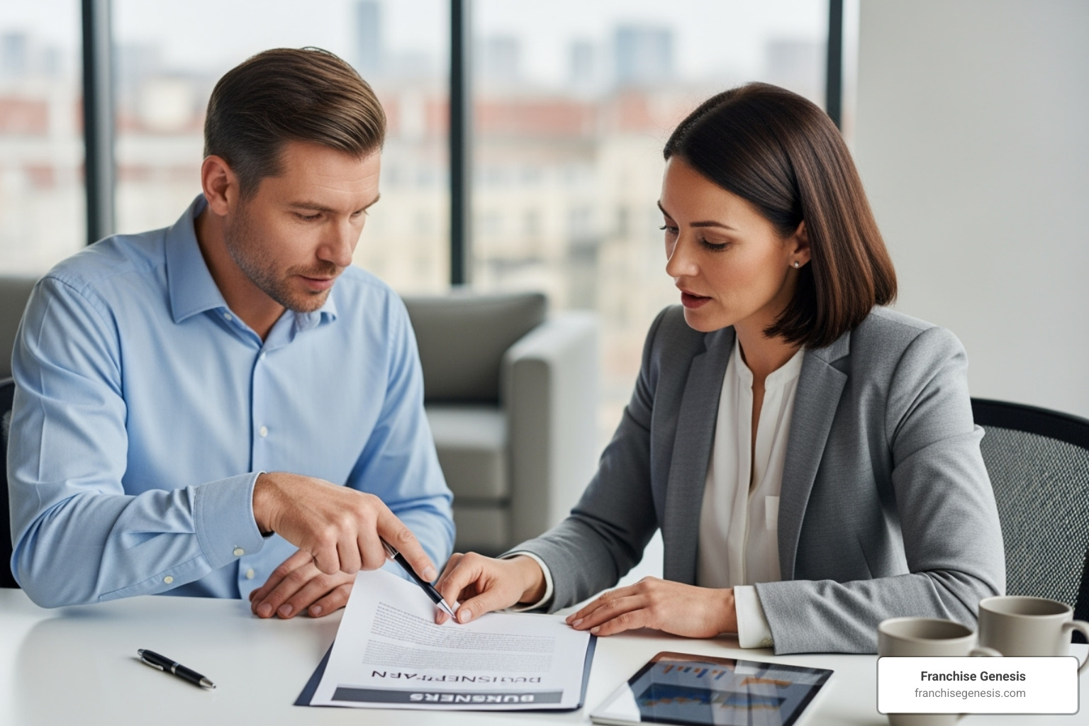 A consultant and a business owner reviewing a business plan, highlighting collaboration and strategic planning. - franchise opportunity consultants