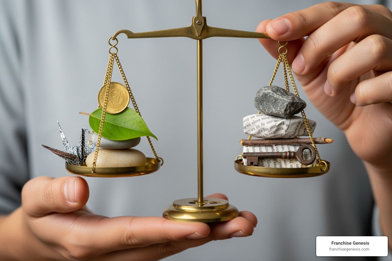 A person weighing pros and cons on a scale, symbolizing the decision-making process in franchising. - franchise opportunity consultants