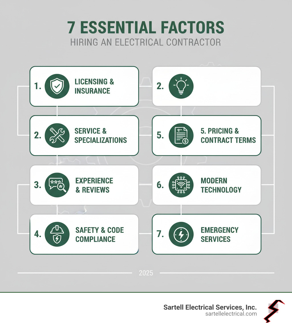 Infographic showing 7 essential factors to consider when hiring an electrical contractor: 1) Verify licensing and insurance credentials, 2) Evaluate service offerings and specializations, 3) Assess experience and reputation through reviews, 4) Prioritize safety and code compliance, 5) Understand pricing and contract terms, 6) Inquire about modern technology capabilities, 7) Confirm emergency service availability - Electrical Contractor Service infographic 