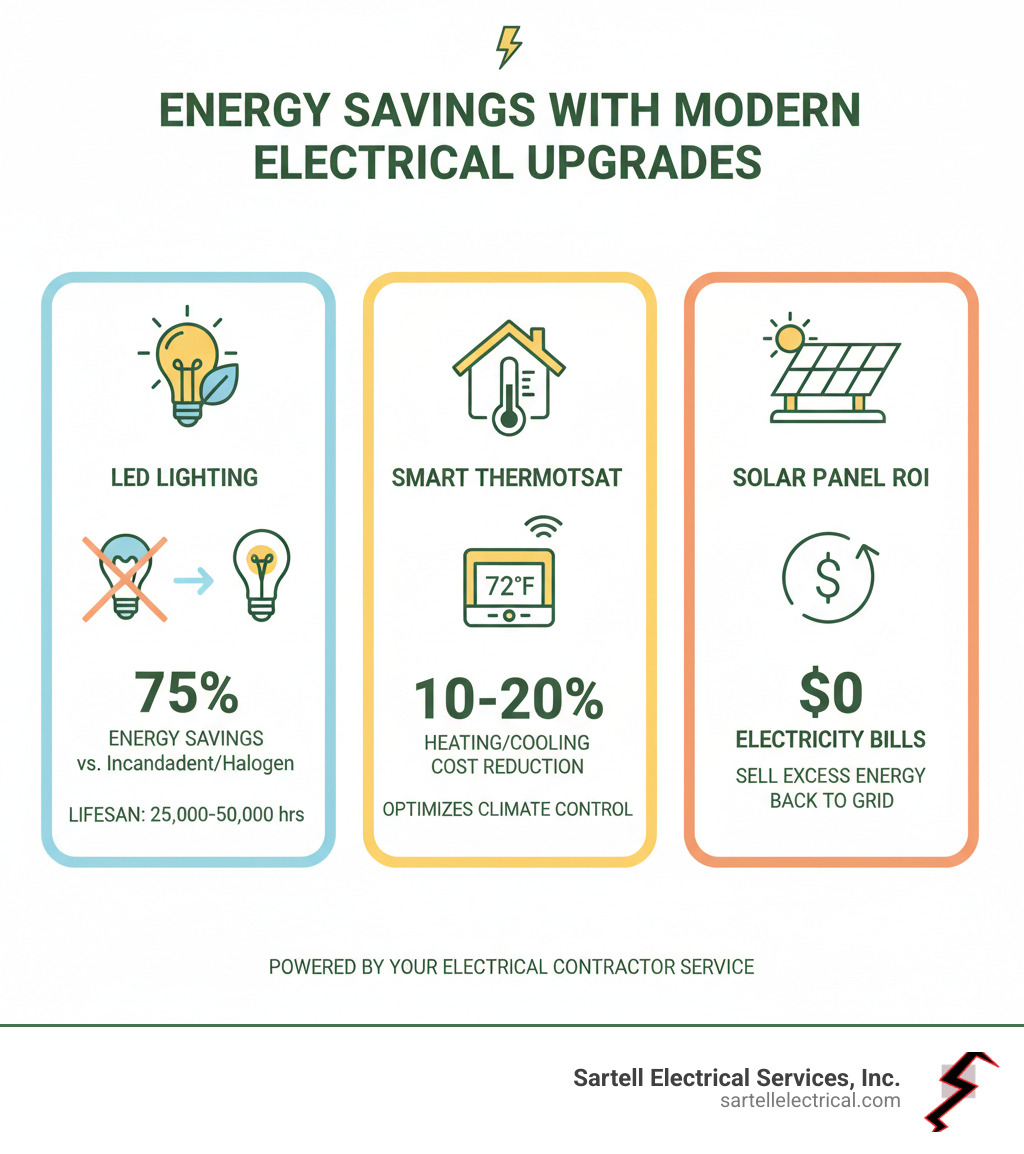 Infographic showing energy savings from LED lighting vs. traditional bulbs, smart thermostat savings, and solar panel ROI - Electrical Contractor Service infographic 