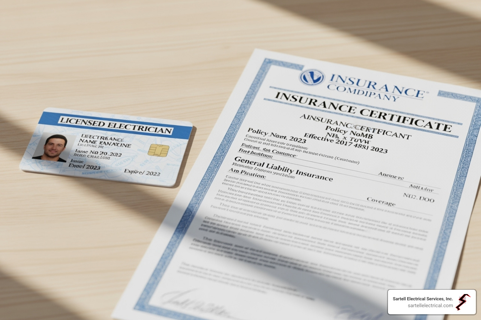 an electrician's license and an insurance certificate side-by-side - Electrical Contractor Service