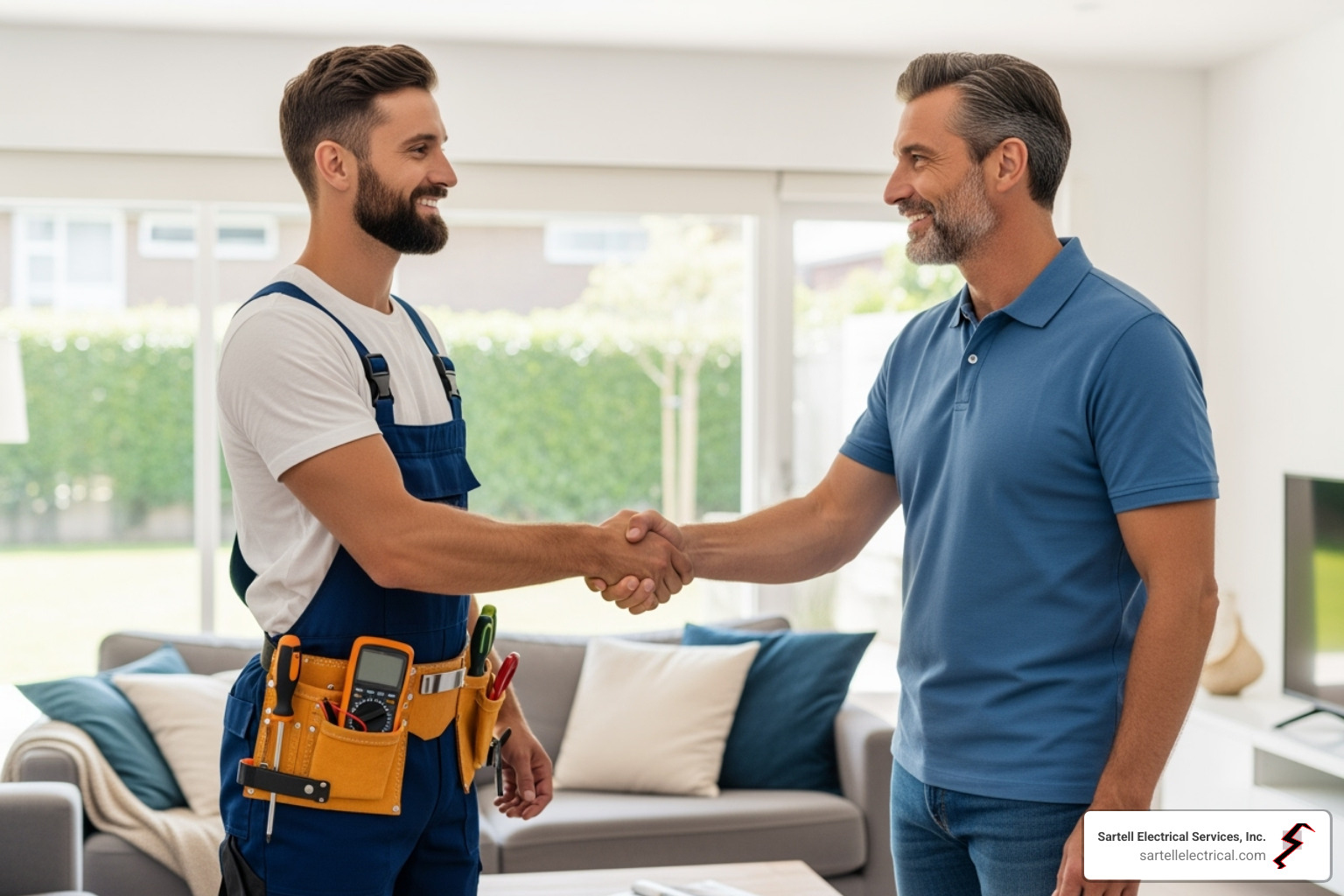 a friendly electrician shaking hands with a satisfied client - Electrical Contractor Service