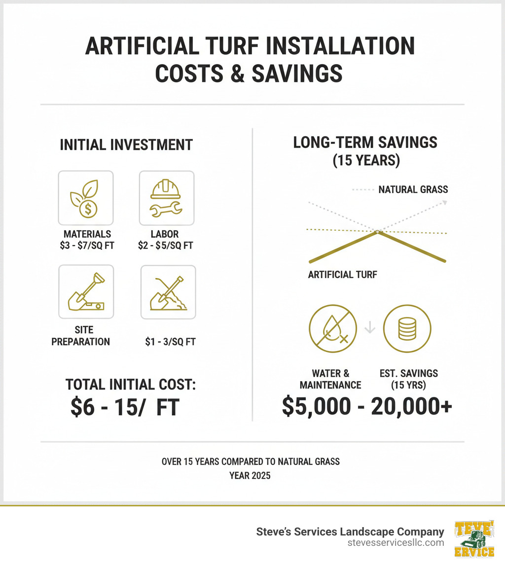 Detailed breakdown of artificial turf installation costs showing material costs, labor expenses, site preparation fees, and long-term maintenance savings compared to natural grass over a 15-year period - new lawn turf cost infographic Detailed breakdown of artificial turf installation costs showing material costs, labor expenses, site preparation fees, and long-term maintenance savings compared to natural grass over a 15-year period - new lawn turf cost infographic