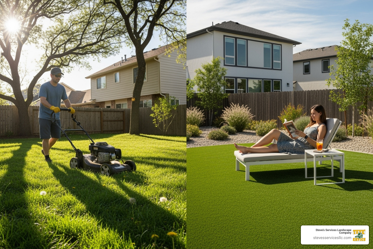 homeowner mowing natural lawn contrasted with someone relaxing on artificial one - new lawn turf cost homeowner mowing natural lawn contrasted with someone relaxing on artificial one - new lawn turf cost
