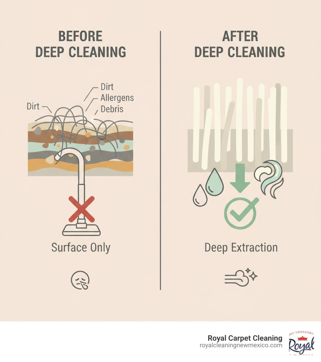 Infographic showing cross-section of carpet with layers of dirt, allergens, and debris that accumulate below the surface where regular vacuuming cannot reach, contrasted with clean carpet fibers after deep cleaning - deep carpet cleaning infographic 