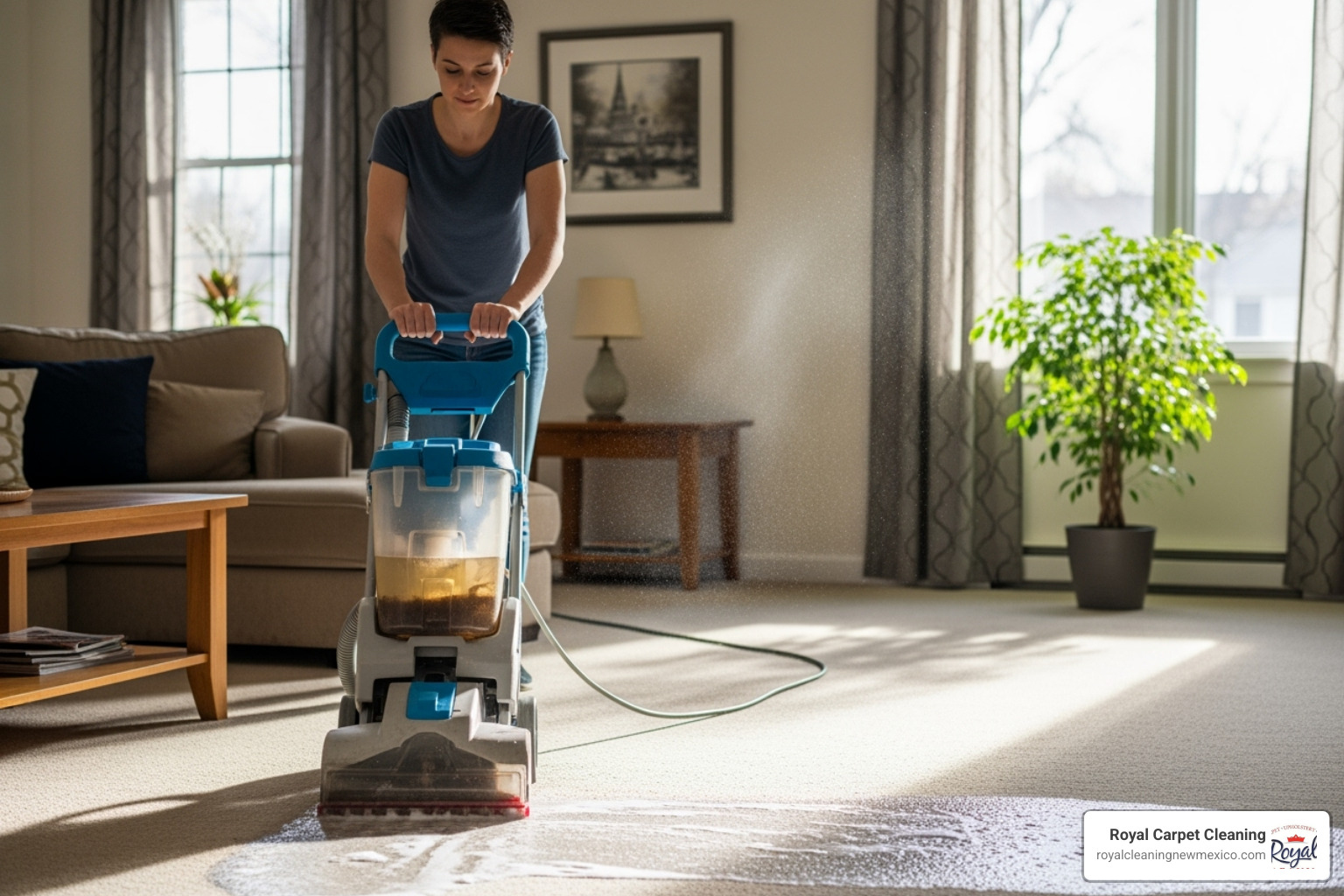 Person using a rental carpet cleaner machine - deep carpet cleaning