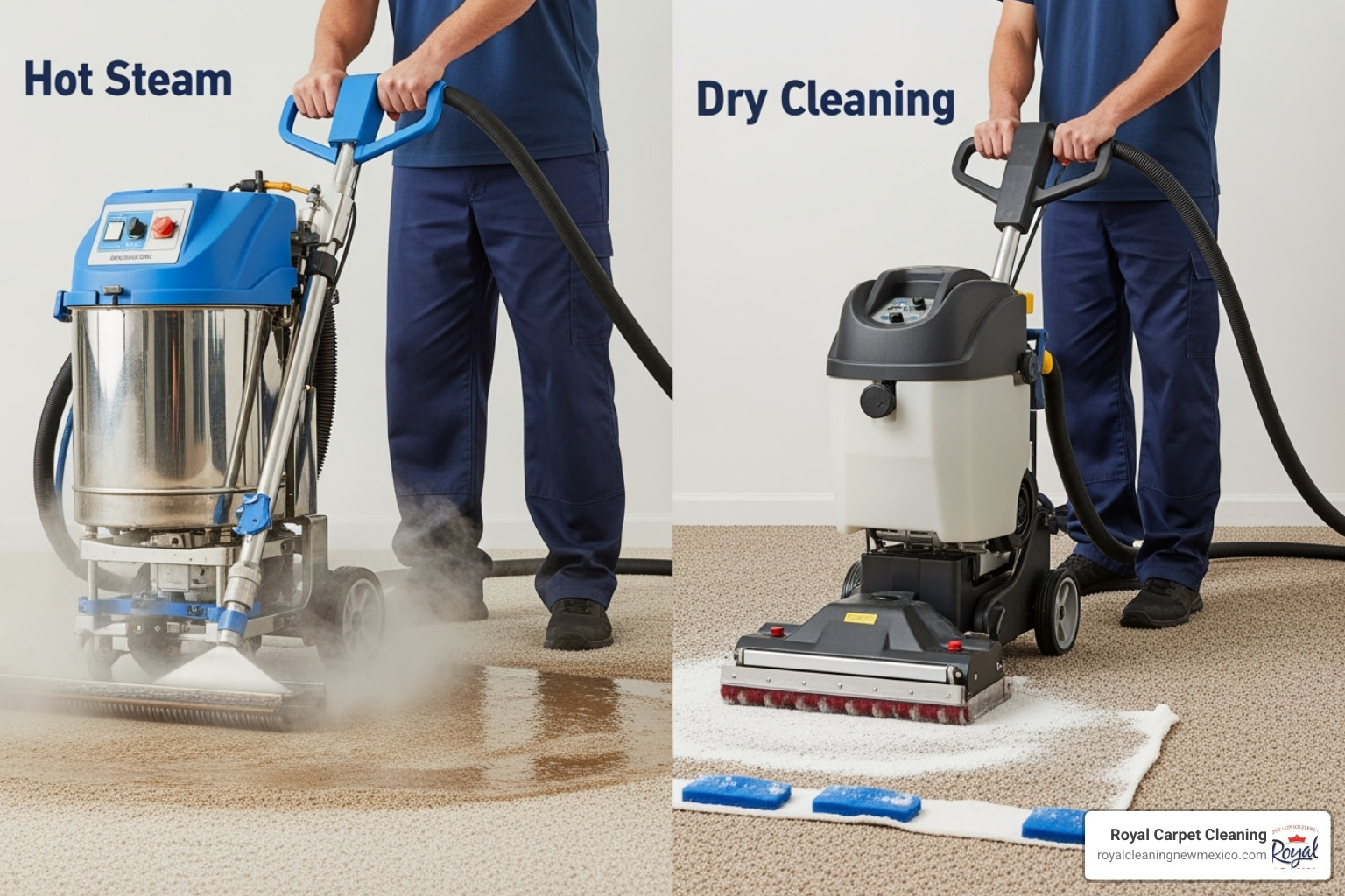 Image illustrating hot water extraction vs dry cleaning methods side by side - deep carpet cleaning