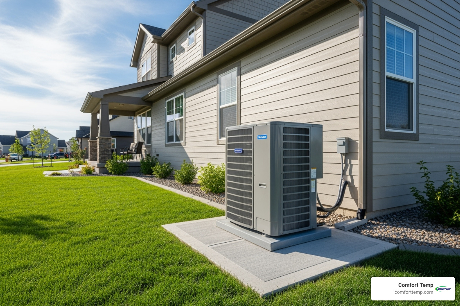 A modern, high-efficiency outdoor AC unit next to a clean house - ac installation cost A modern, high-efficiency outdoor AC unit next to a clean house - ac installation cost