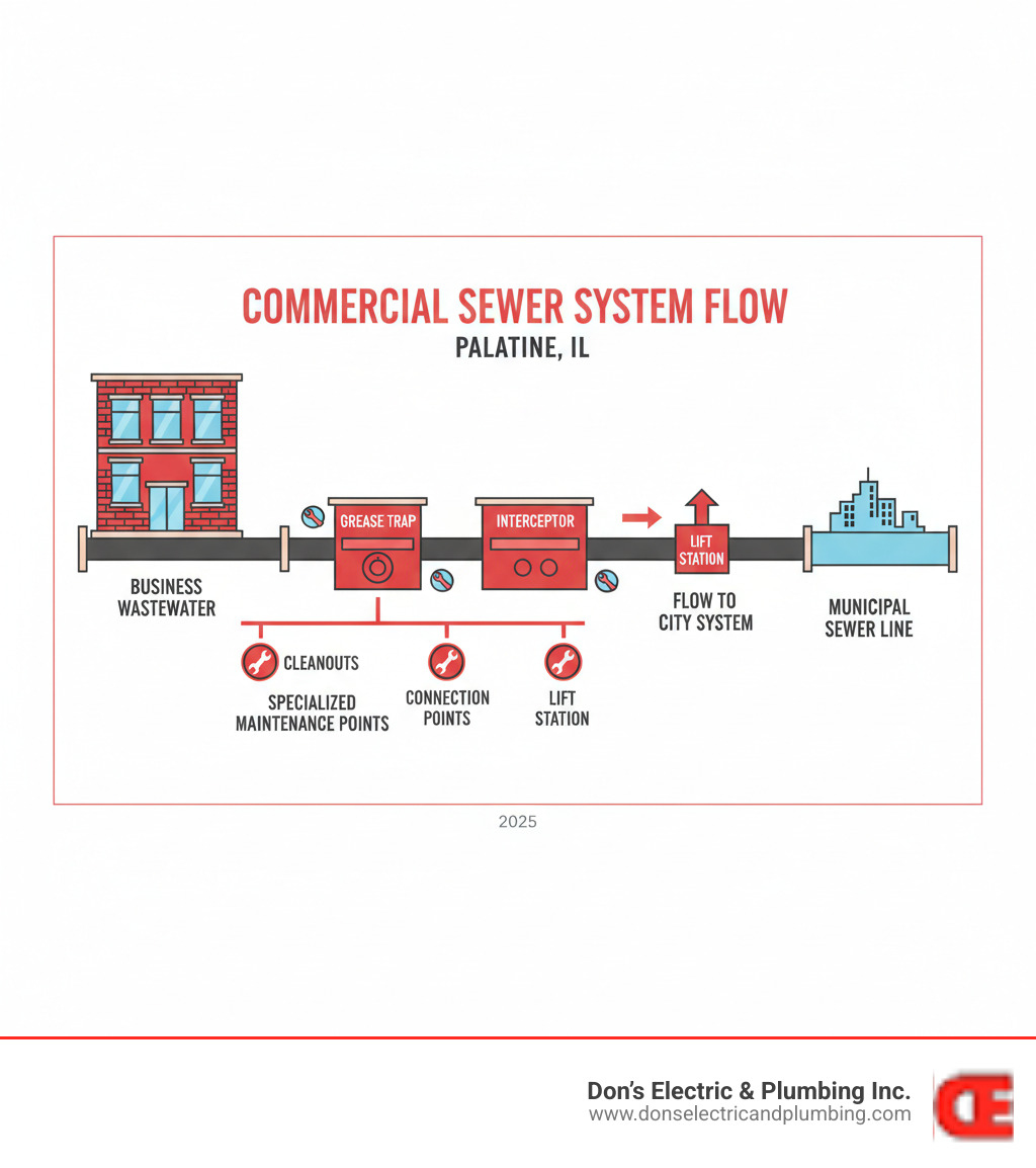Infographic showing commercial sewer system flow from business building through grease traps and interceptors to municipal sewer lines, highlighting key components like cleanouts, lift stations, and connection points that require specialized maintenance - commercial sewer service palatine infographic Infographic showing commercial sewer system flow from business building through grease traps and interceptors to municipal sewer lines, highlighting key components like cleanouts, lift stations, and connection points that require specialized maintenance - commercial sewer service palatine infographic
