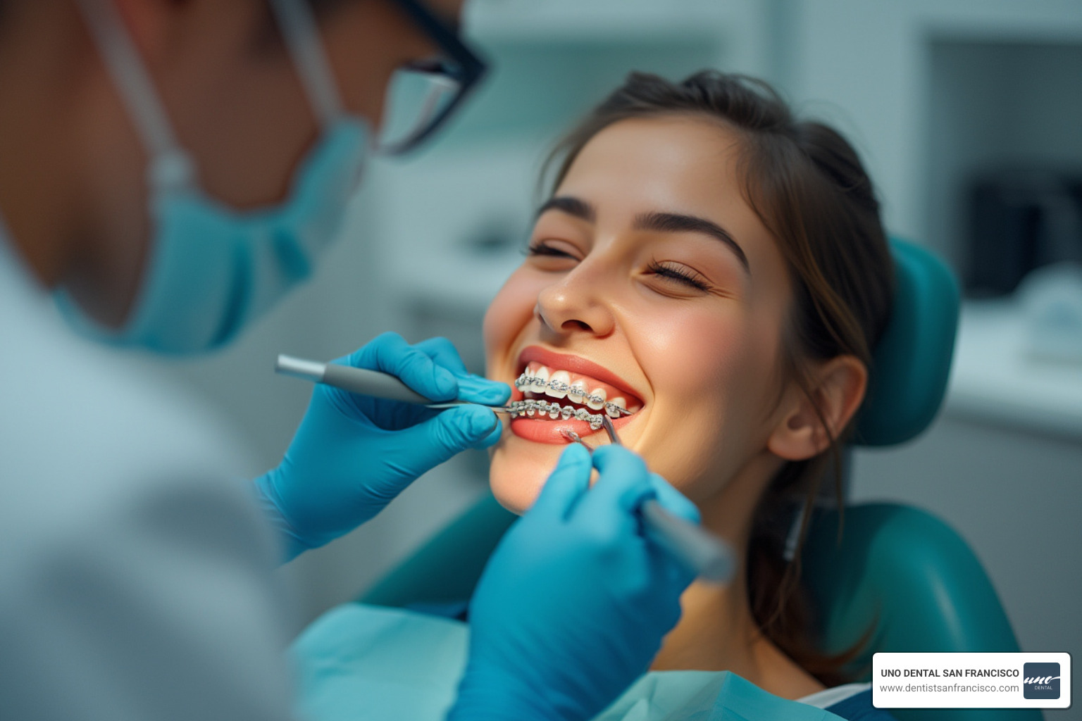 Dentist at UNO DENTAL SAN FRANCISCO performing a dental checkup on a patient with braces - Gum issues after braces Dentist at UNO DENTAL SAN FRANCISCO performing a dental checkup on a patient with braces - Gum issues after braces