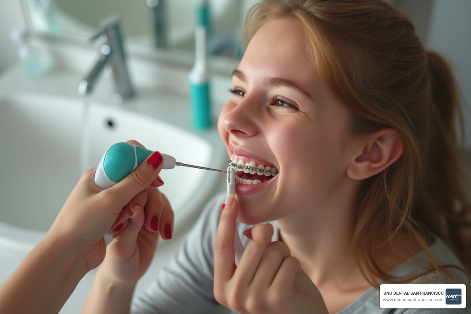 Person using a Waterpik and interdental brush on braces - Gum issues after braces Person using a Waterpik and interdental brush on braces - Gum issues after braces