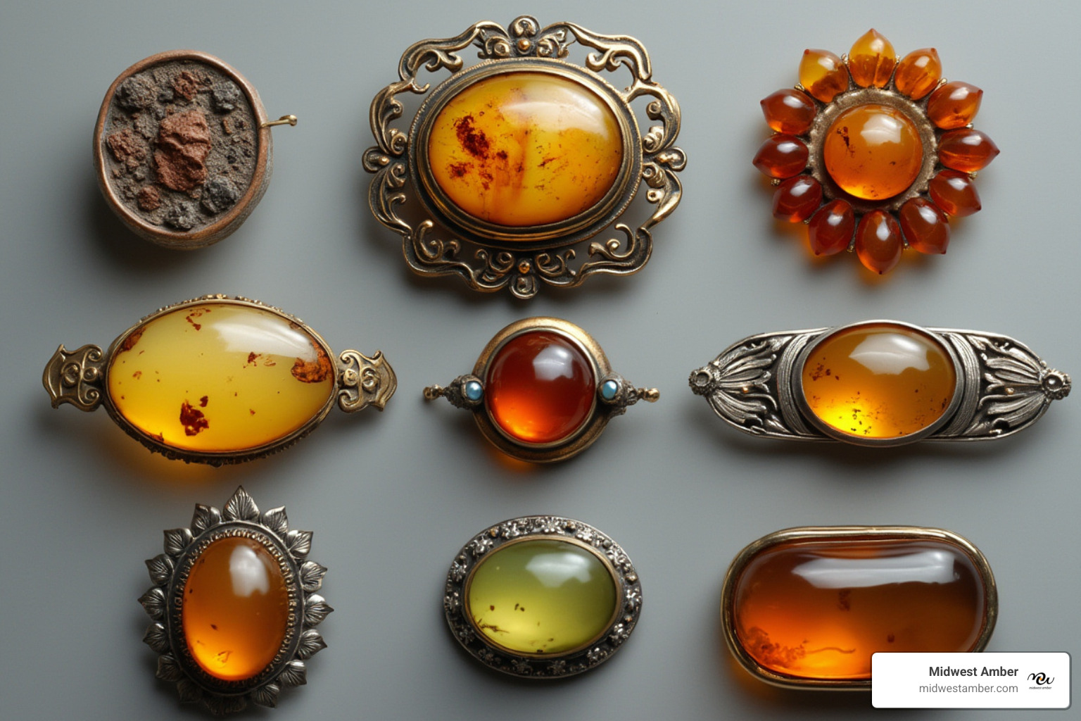 collection of amber brooches in different historical styles - amber brooch