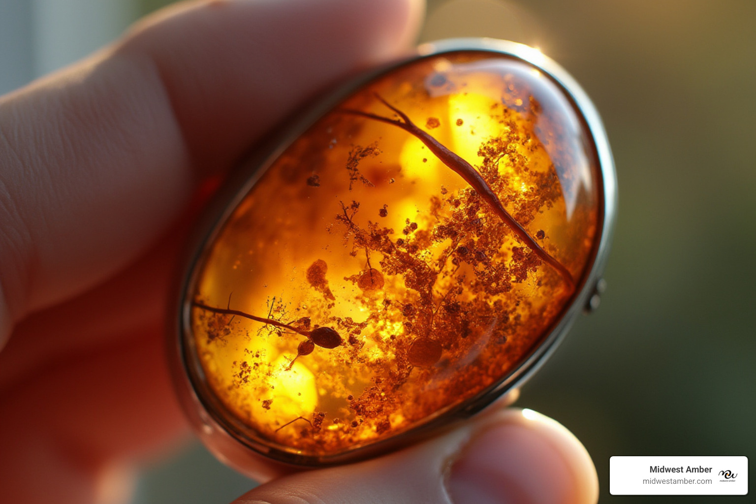 hand holding an amber brooch to the light to reveal inclusions - amber brooch