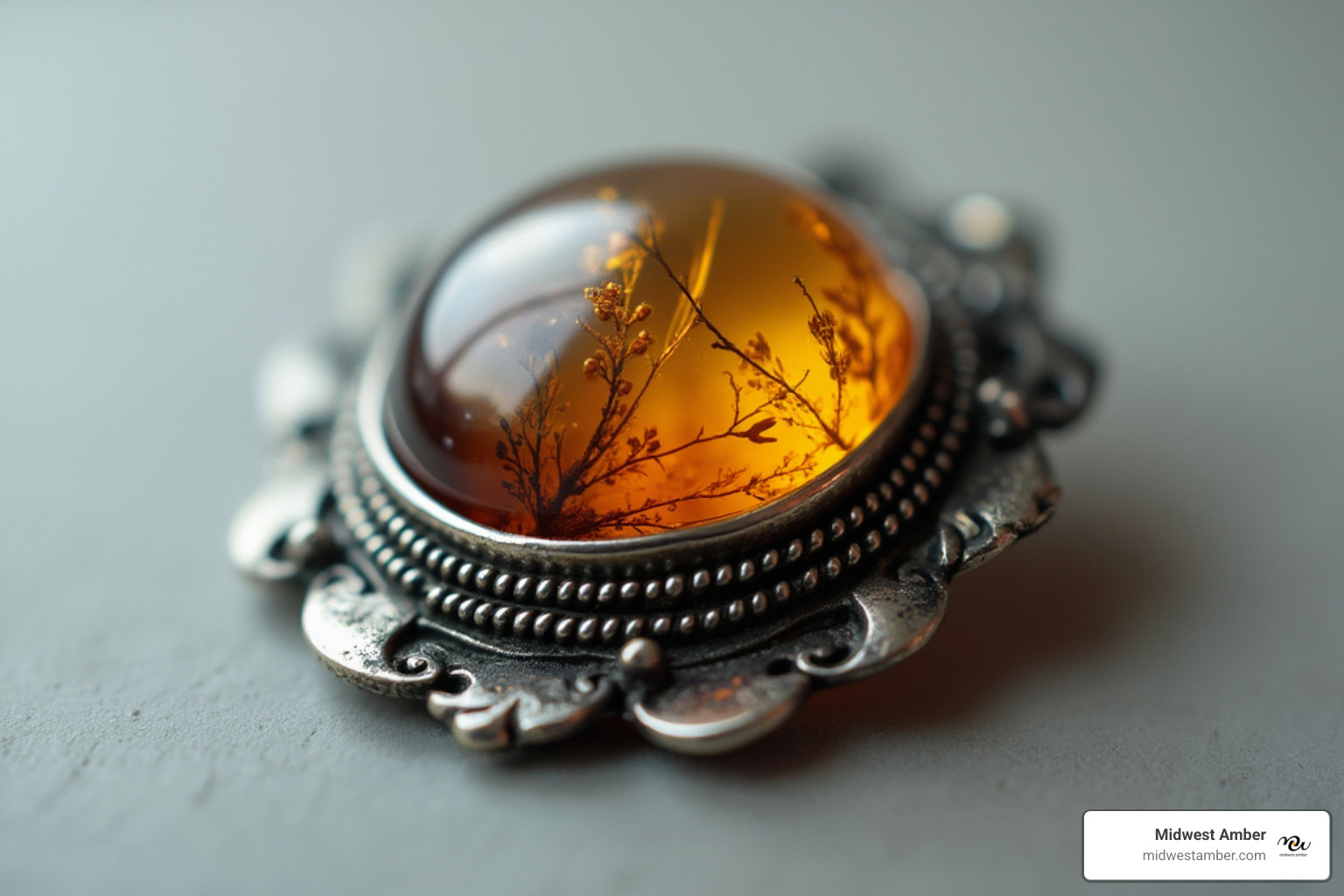 close-up of natural amber with plant inclusions in a vintage silver brooch setting - amber brooch